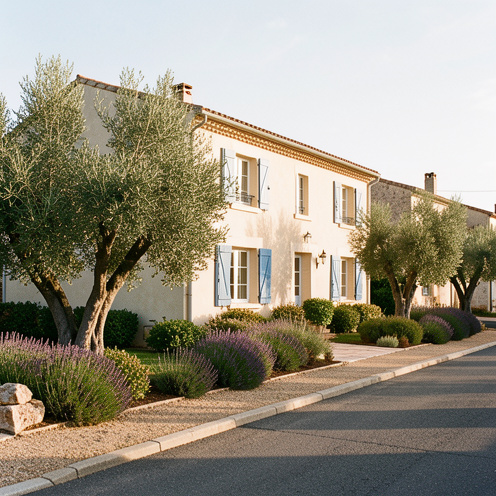 Maison provençale aux volets bleus et au toit en tuiles, entourée d’un jardin méditerranéen ensoleillé à Puget-sur-Argens.