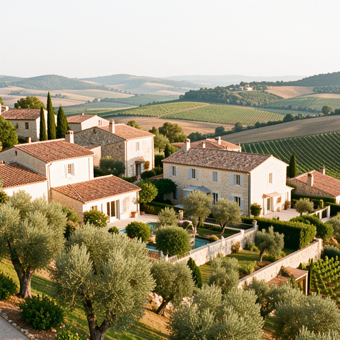 Vue panoramique de maisons provençales à vendre à Lorgues, entourées d’oliviers, de jardins méditerranéens et de vignobles.