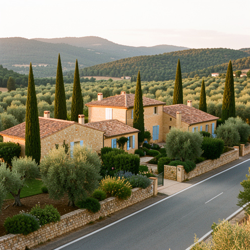 Maisons provençales en pierre aux toits de tuiles rouges, entourées d’oliviers et de cyprès à La Garde-Freinet.