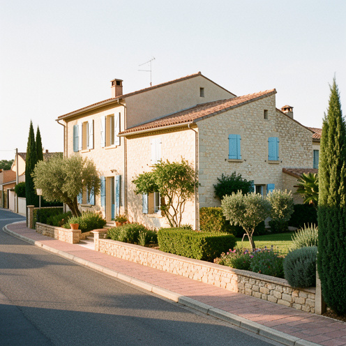 Maison provençale en pierre avec volets bleus, toit en tuiles et jardin paysager dans un quartier résidentiel du Luc.