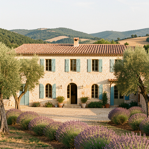 Maison provençale de caractère en pierre avec volets colorés, cour ensoleillée, oliviers et lavande dans les environs vallonnés de Flayosc.