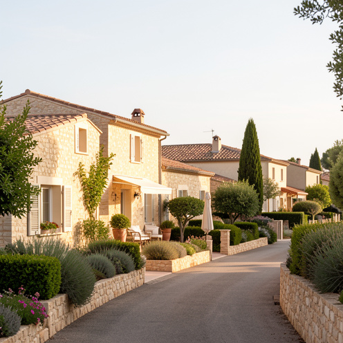 Maisons méditerranéennes aux toits en tuiles dans un quartier résidentiel calme près du Muy, en Provence.