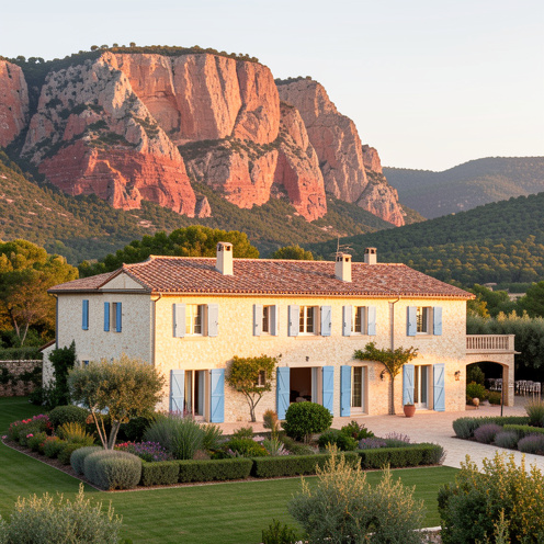 Villa méditerranéenne en pierre avec toit en tuiles, jardin paysager et massif de Roquebrune-sur-Argens en arrière-plan.
