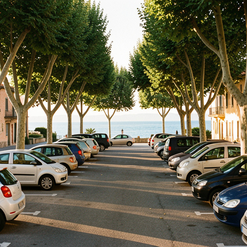 Aire de stationnement propre à Sainte-Maxime, avec des voitures garées sous les arbres et la mer Méditerranée en arrière-plan.