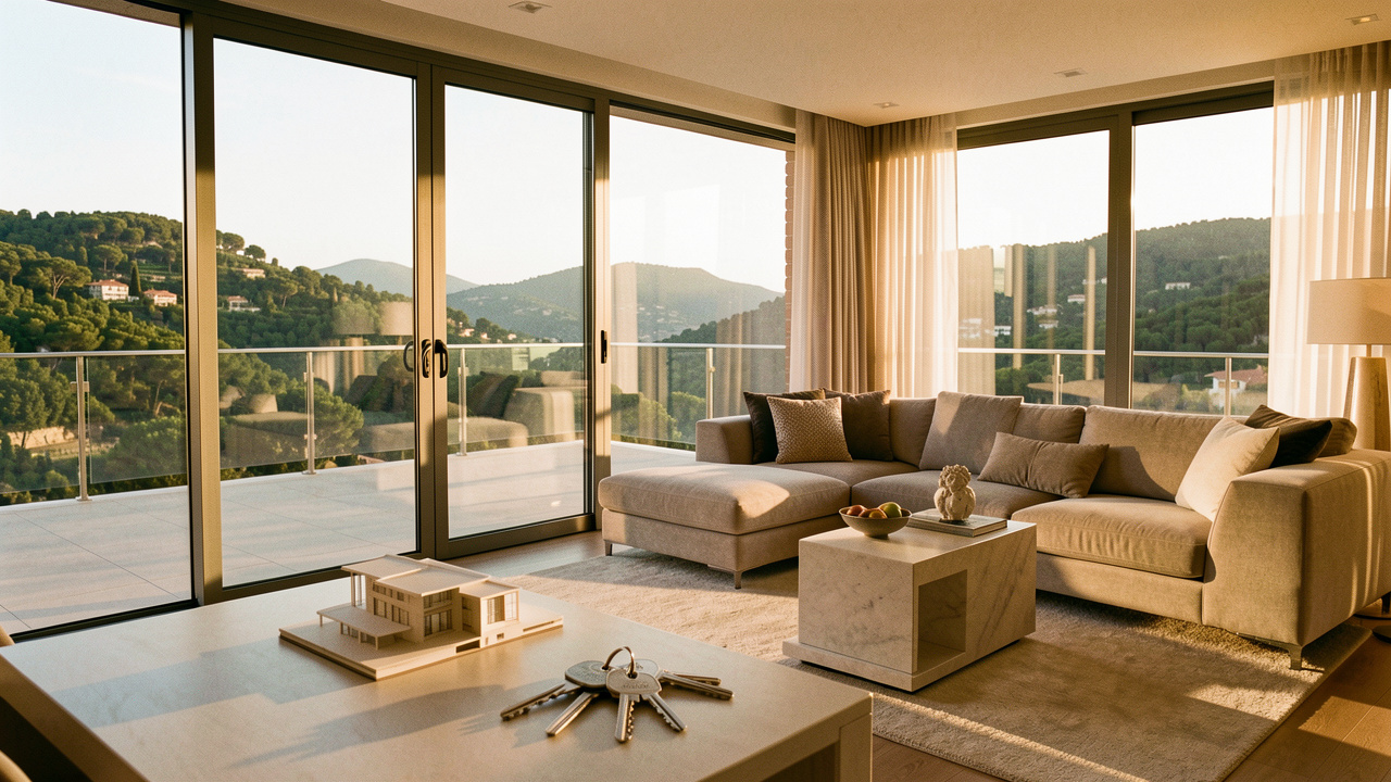 Penthouse contemporain baigné de lumière, avec terrasse panoramique sur les collines boisées de l’Est du Var, des clés et une maquette architecturale évoquant un projet d’investissement locatif.