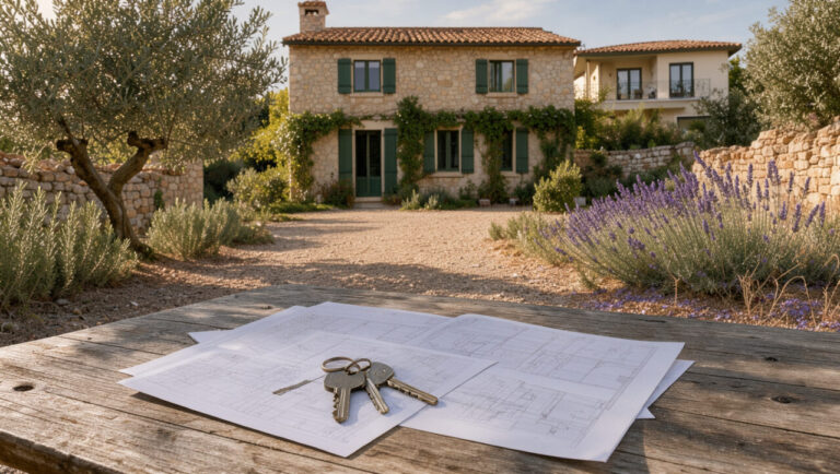 Maison provençale avec une seconde habitation en arrière-plan, des clés et des plans architecturaux évoquant le financement d’un nouvel achat avant la vente d’un bien.