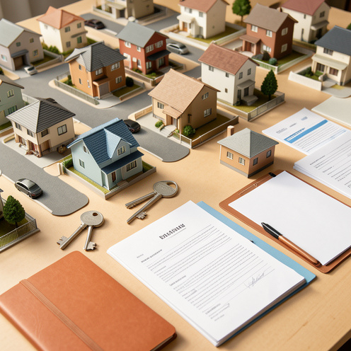 Maquette réaliste d’un quartier résidentiel abordable entourée de clés et de dossiers vierges, illustrant les prêts immobiliers aidés et leurs conditions d’accès.