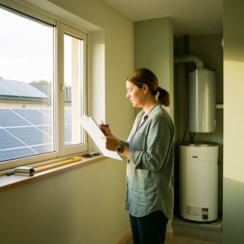 Une auditrice énergétique inspecte une maison moderne en évaluant son isolation et ses équipements de chauffage.