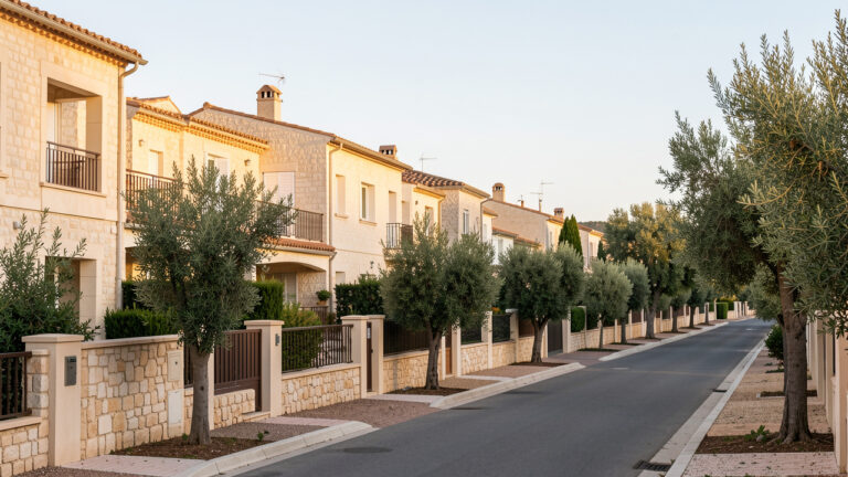 Quartier résidentiel du Muy en Provence avec des maisons méditerranéennes, des toits en tuiles et des oliviers baignés par une lumière chaleureuse.