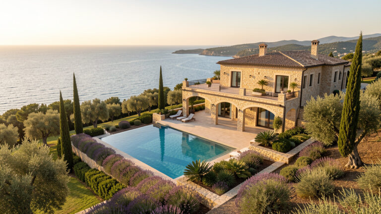 Villa de prestige avec piscine à débordement et vue panoramique sur la mer dans l’est du Var, entourée d’oliviers, de cyprès et de lavande.