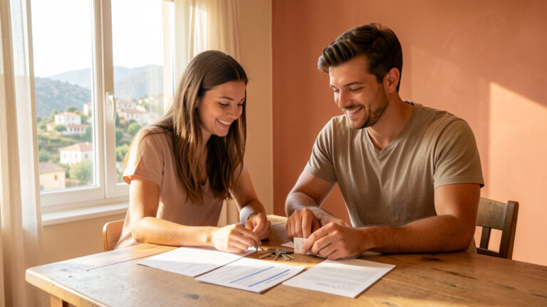 Un jeune couple examine les clés de son premier logement dans une maison lumineuse de l’est du Var.