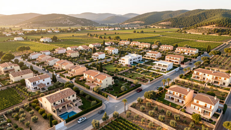 Vue aérienne du Muy en Provence, avec des quartiers résidentiels variés, des maisons, des villas, des jardins, des vignes et des collines boisées.