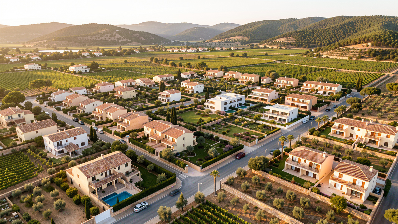Vue aérienne du Muy en Provence, avec des quartiers résidentiels variés, des maisons, des villas, des jardins, des vignes et des collines boisées.