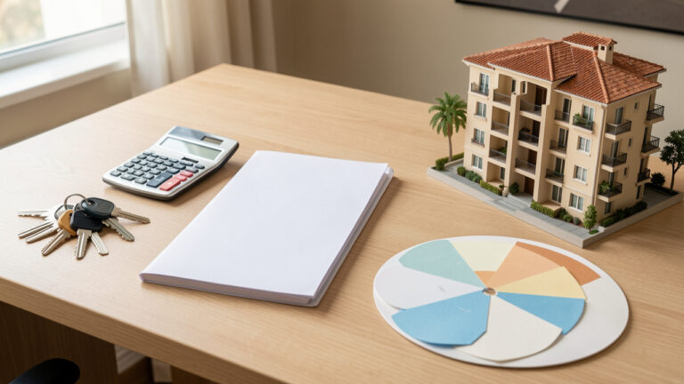 Bureau de gestion locative avec clés d’appartement, calculatrice, dossier vierge et calendrier sans inscriptions, placé près d’une maquette d’immeuble méditerranéen.