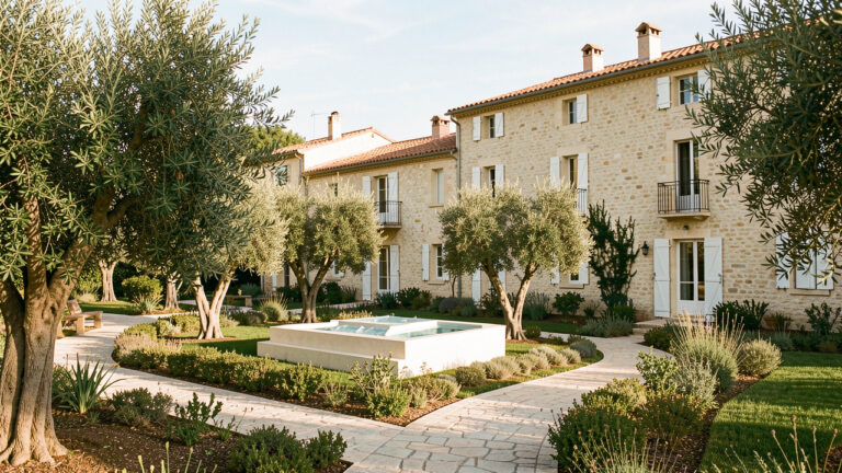 Bâtiment résidentiel méditerranéen dans l’Est du Var, associé à une maquette architecturale et à un chemin qui symbolisent le choix d’une stratégie d’investissement immobilier.