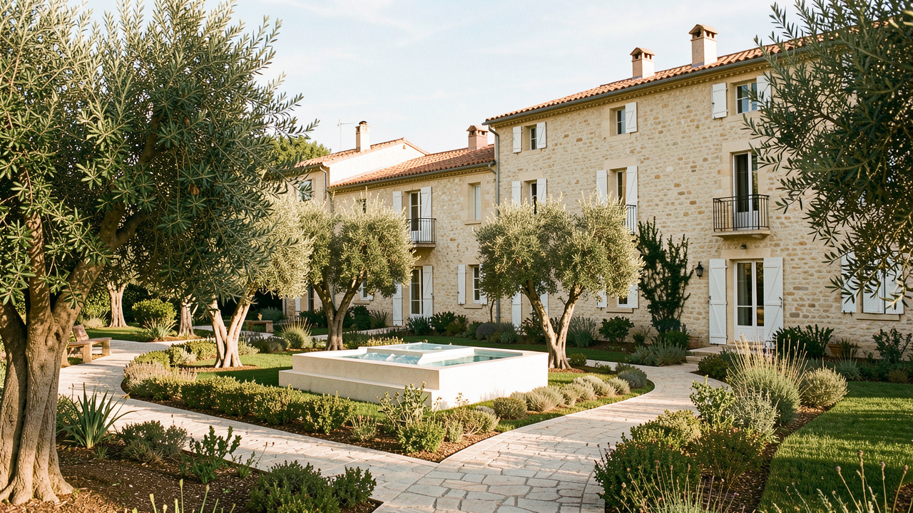 Bâtiment résidentiel méditerranéen dans l’Est du Var, associé à une maquette architecturale et à un chemin qui symbolisent le choix d’une stratégie d’investissement immobilier.