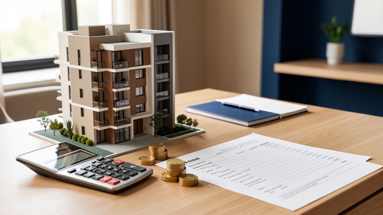 Maquette d’un immeuble résidentiel moderne accompagnée d’une calculatrice, de pièces et de documents financiers vierges, évoquant l’investissement immobilier simplifié.