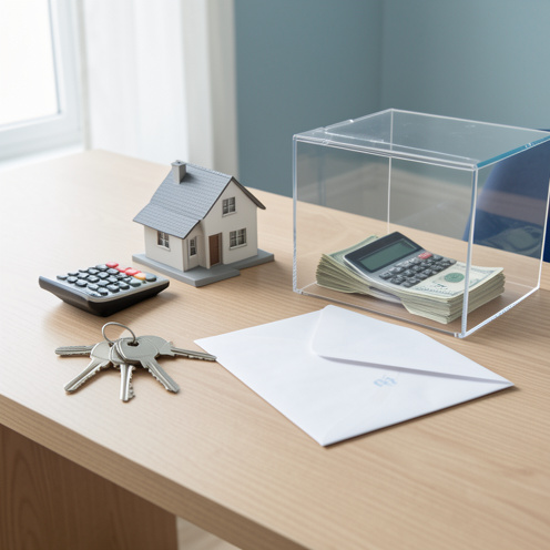 Bureau de transaction immobilière avec clés de maison, maquette, calculatrice, enveloppe scellée et boîte transparente symbolisant le séquestre.