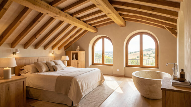 Suite de luxe aménagée sous les combles d’une villa provençale, avec poutres apparentes, plafond mansardé, mobilier en bois, baignoire en pierre et vue sur les collines de l’est du Var.
