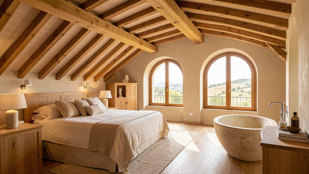 Suite de luxe aménagée sous les combles d’une villa provençale, avec poutres apparentes, plafond mansardé, mobilier en bois, baignoire en pierre et vue sur les collines de l’est du Var.