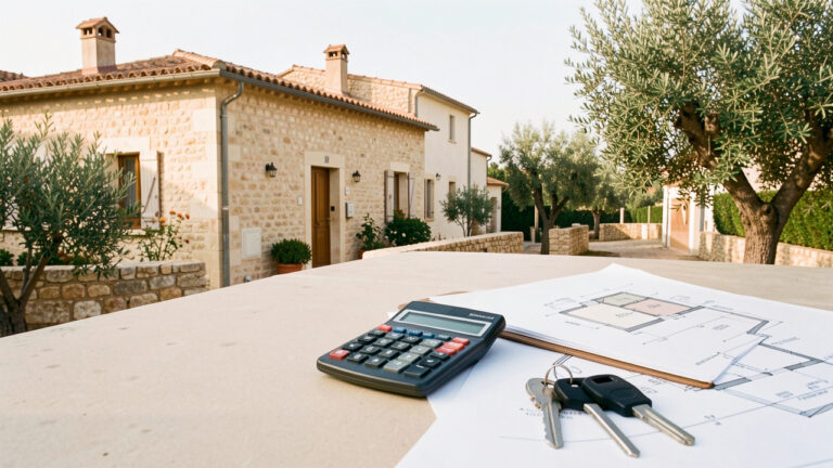 Maison méditerranéenne au Muy accompagnée de clés, d’un dossier immobilier, d’une calculatrice et de plans, évoquant les vérifications à effectuer avant un achat.