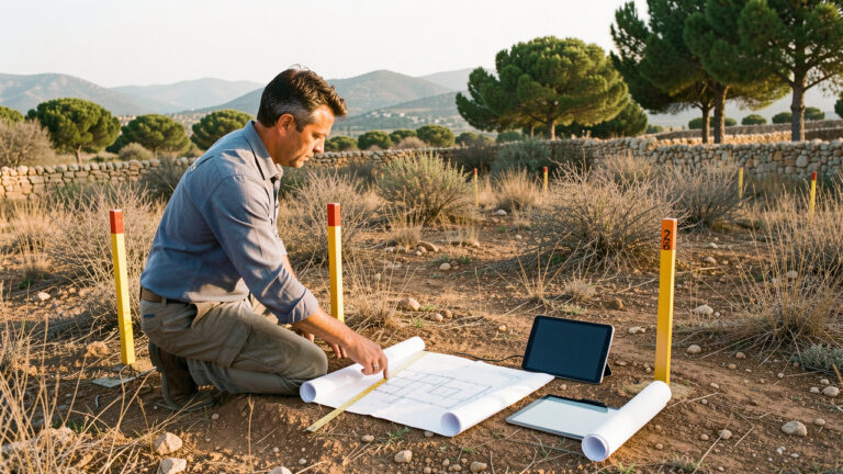 Un géomètre examine un terrain constructible dans l’Est du Var avec des repères cadastraux et des plans vierges, dans un paysage méditerranéen.
