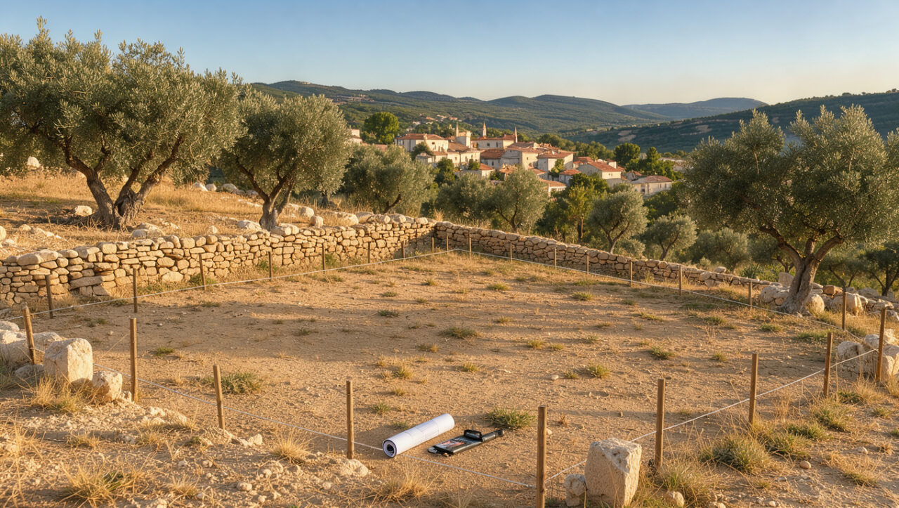 Terrain constructible en Provence, dans le Var, avec bornes délimitant la parcelle, oliviers, murs en pierre sèche et village au loin.