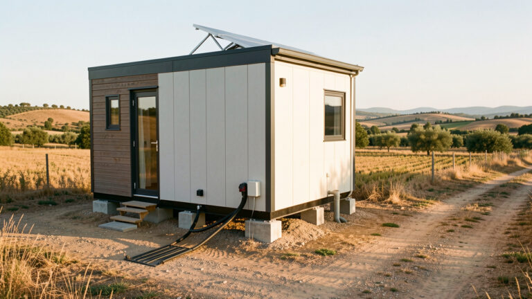 Petite maison installée dans un paysage rural de l’est du Var, avec ses fondations, raccordements, panneaux solaires et accès visibles pour une vérification avant installation.
