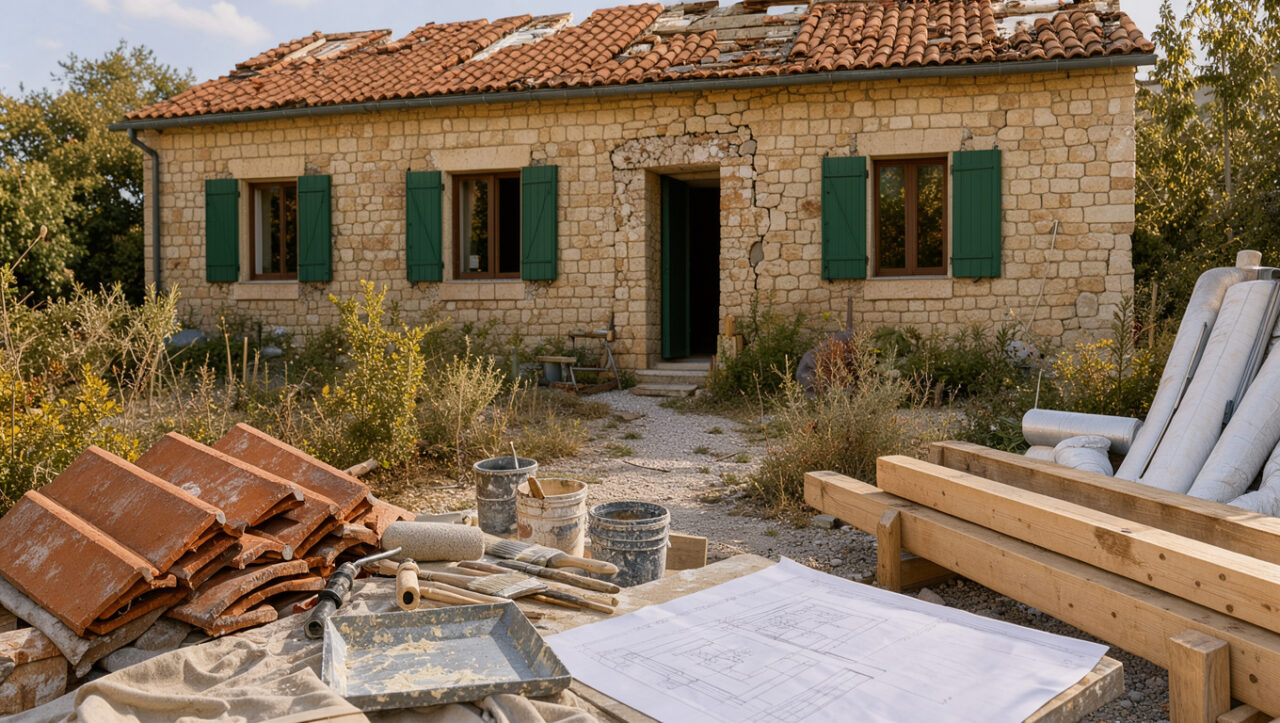 Maison locative en pierre de l’Est du Var en rénovation, entourée de matériaux et d’outils de travaux dans une lumière méditerranéenne.