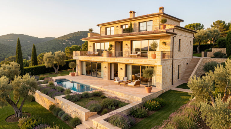 Triplex de prestige sur trois niveaux avec terrasses en pierre, jardin méditerranéen et collines boisées de l’est du Var.