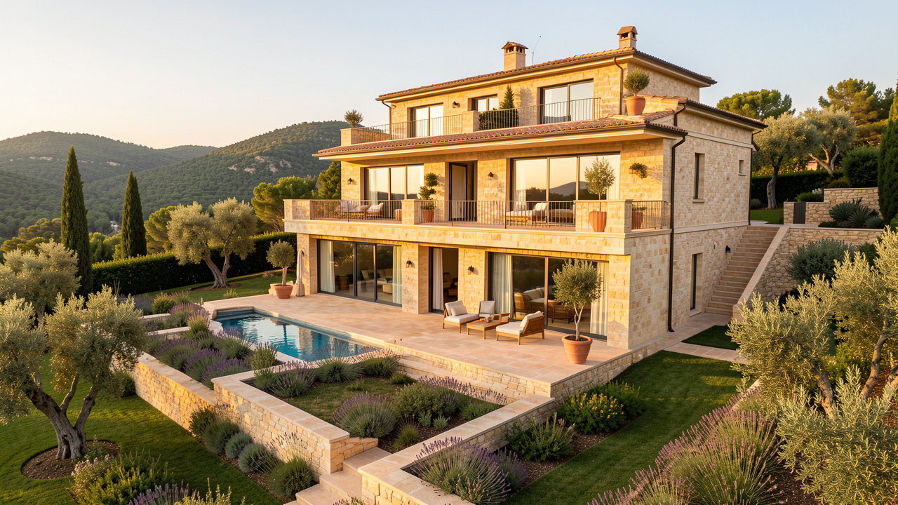 Triplex de prestige sur trois niveaux avec terrasses en pierre, jardin méditerranéen et collines boisées de l’est du Var.