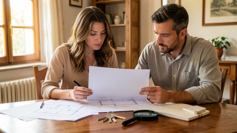 Un homme et une femme examinent attentivement des documents immobiliers vierges, des plans de maison et des clés avant une signature.