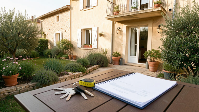Appartement en rez-de-jardin dans le Var avec terrasse, végétation méditerranéenne, entrée sécurisée et clés posées sur une table.