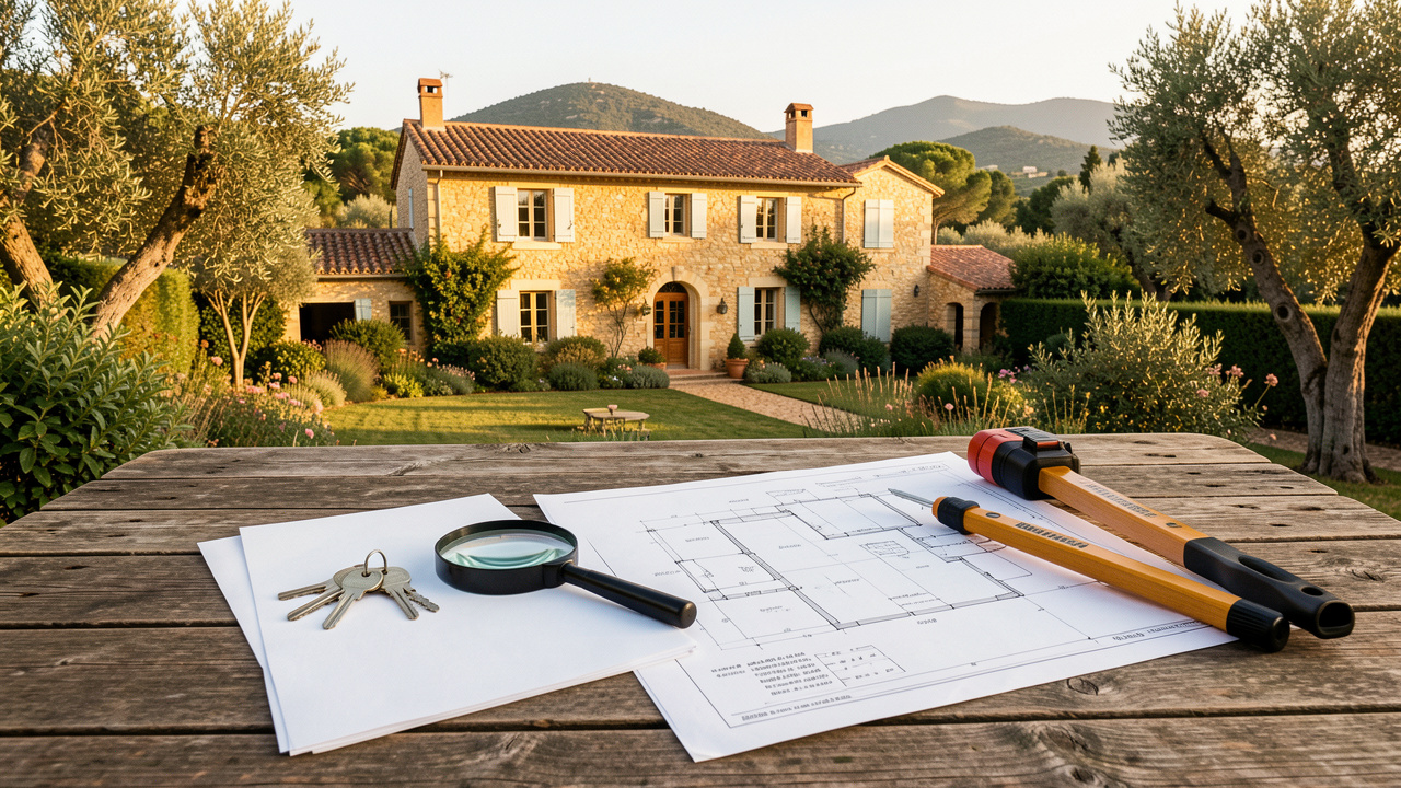 Villa provençale entourée d’un jardin méditerranéen, avec des clés, des documents vierges et des outils de diagnostic immobilier sur une table rustique.