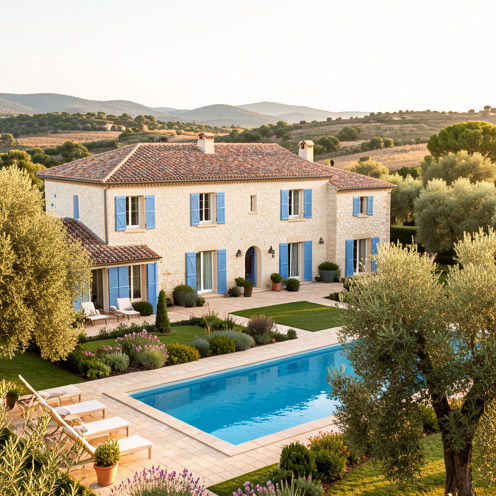 Villa provençale de cinq pièces avec murs en pierre claire, volets bleus, jardin méditerranéen, piscine et oliviers près du Muy.