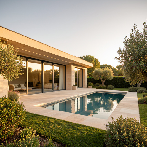 Villa contemporaine dans un domaine privé au Muy, entourée d’un jardin méditerranéen avec terrasse et piscine.