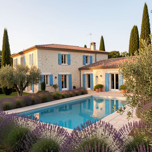 Villa provençale en pierre avec piscine, oliviers, lavande et cyprès dans un paysage ensoleillé près de Lorgues.