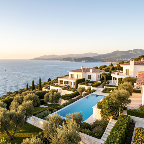 Villas méditerranéennes luxueuses avec piscine et jardins aménagés, dominant la côte près des Issambres sous une lumière dorée.